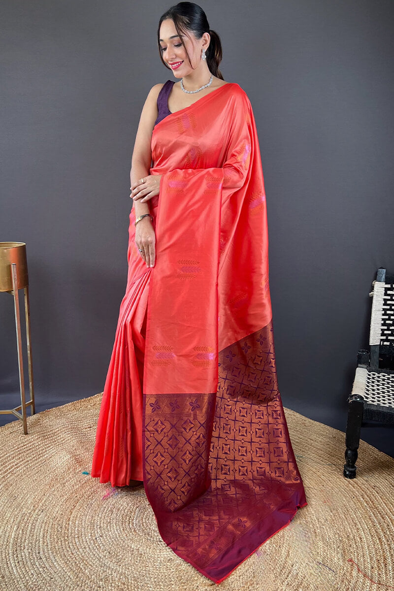 Dalliance Peach Soft Banarasi Silk Saree With Imbrication Blouse Piece