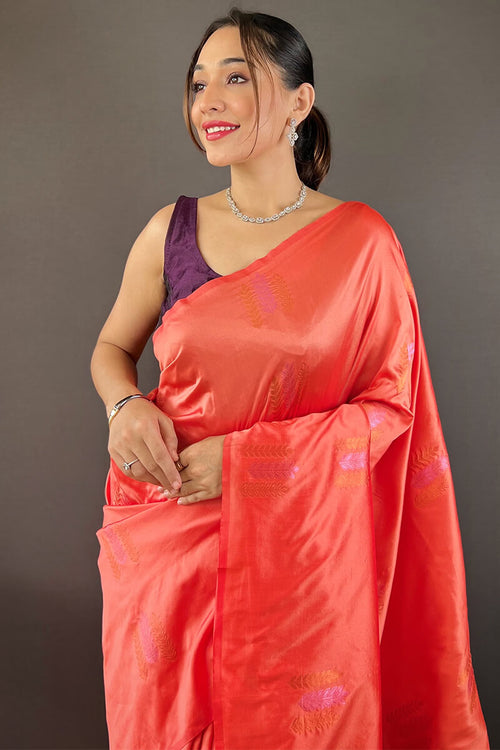 Load image into Gallery viewer, Dalliance Peach Soft Banarasi Silk Saree With Imbrication Blouse Piece
