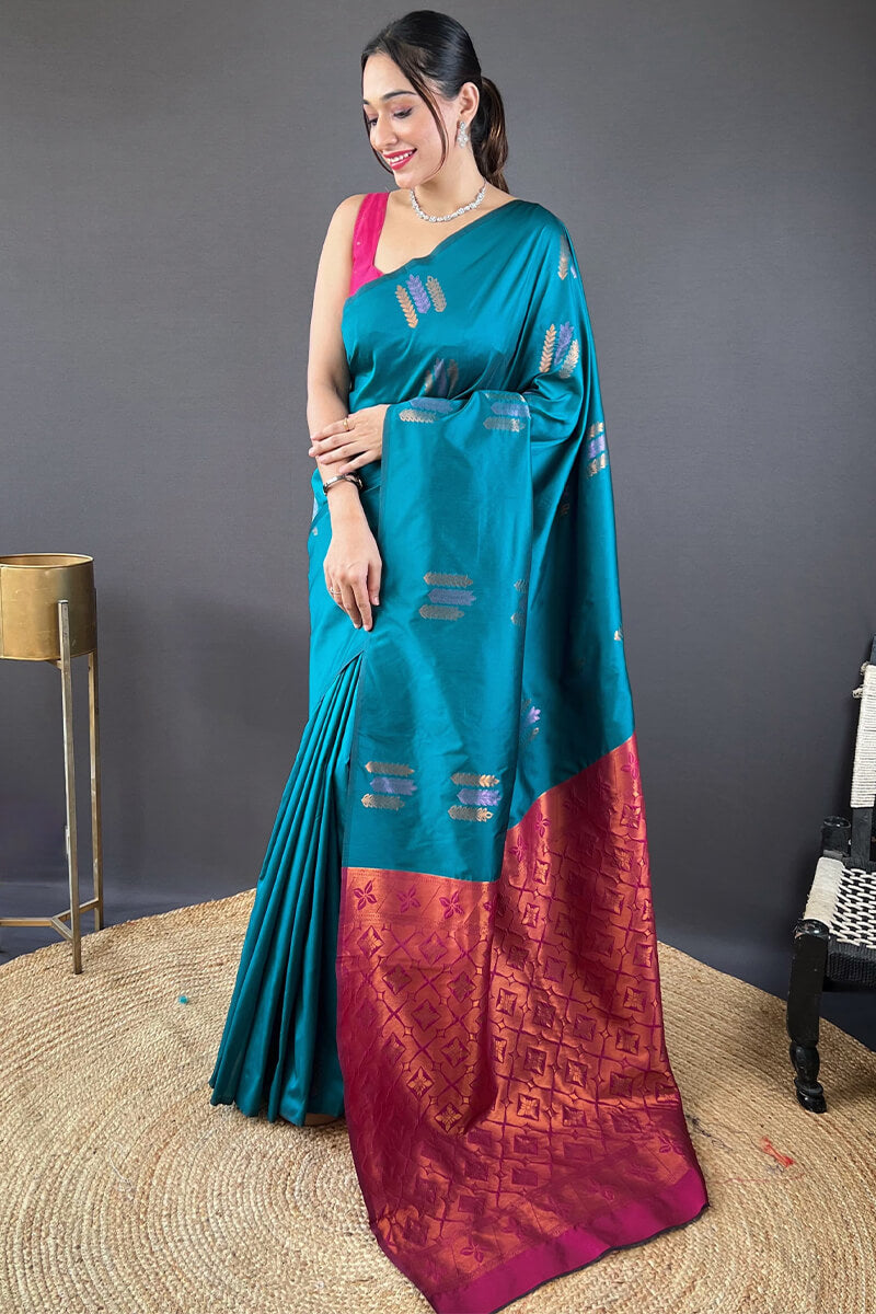 Serendipity Rama Soft Banarasi Silk Saree With Smashing Blouse Piece