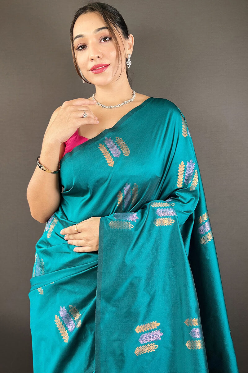 Serendipity Rama Soft Banarasi Silk Saree With Smashing Blouse Piece