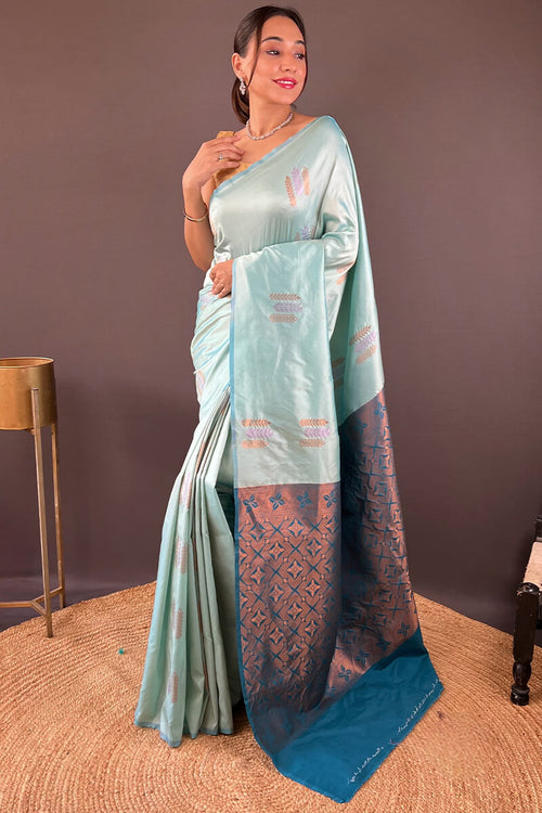 Load image into Gallery viewer, Dulcet Sky Soft Banarasi Silk Saree With Verdant Blouse Piece
