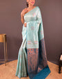 Dulcet Sky Soft Banarasi Silk Saree With Verdant Blouse Piece