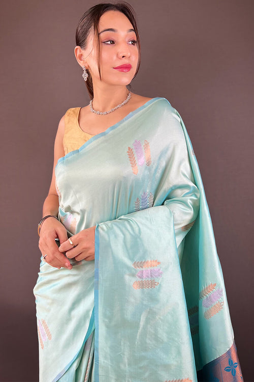 Load image into Gallery viewer, Dulcet Sky Soft Banarasi Silk Saree With Verdant Blouse Piece
