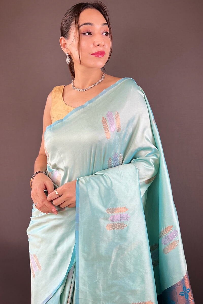 Dulcet Sky Soft Banarasi Silk Saree With Verdant Blouse Piece