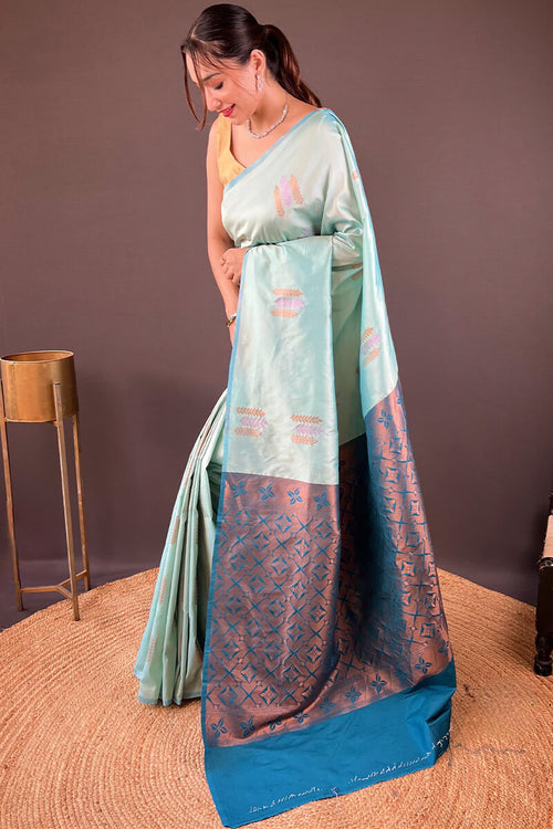 Load image into Gallery viewer, Dulcet Sky Soft Banarasi Silk Saree With Verdant Blouse Piece
