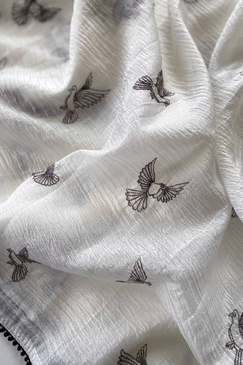 Load image into Gallery viewer, Amazing Off White Embroidery Work Crush Silk Saree With Improbable Blouse Piece
