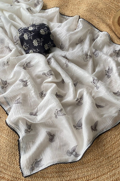 Amazing Off White Embroidery Work Crush Silk Saree With Improbable Blouse Piece