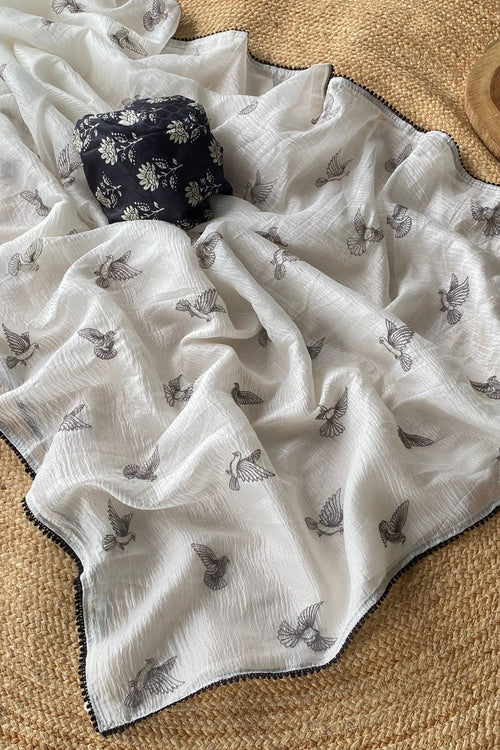 Load image into Gallery viewer, Amazing Off White Embroidery Work Crush Silk Saree With Improbable Blouse Piece
