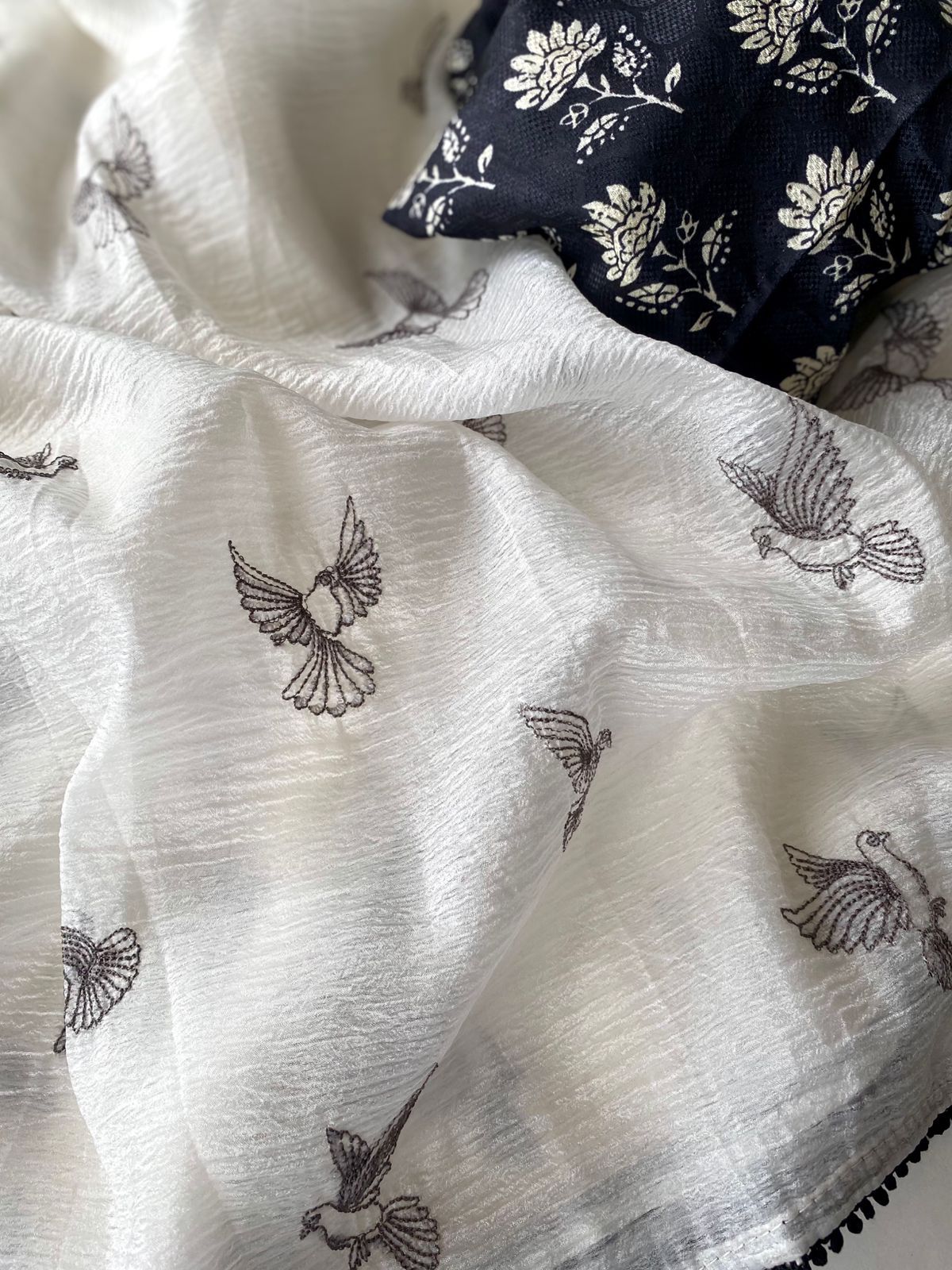 Amazing Off White Embroidery Work Crush Silk Saree With Improbable Blouse Piece