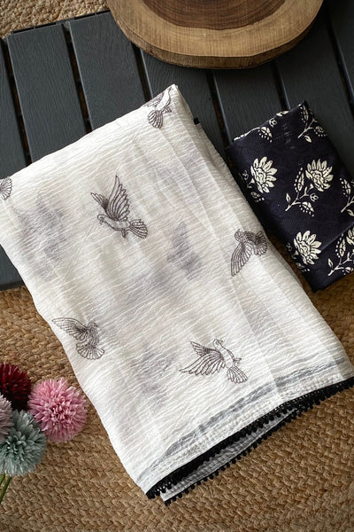 Amazing Off White Embroidery Work Crush Silk Saree With Improbable Blouse Piece