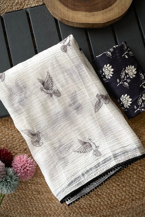 Load image into Gallery viewer, Amazing Off White Embroidery Work Crush Silk Saree With Improbable Blouse Piece
