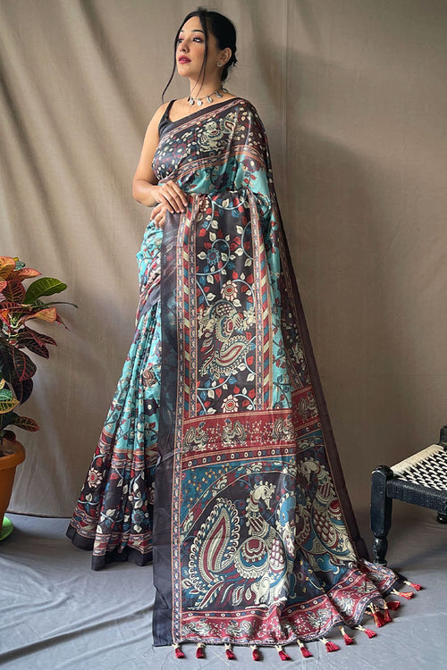 Load image into Gallery viewer, Demesne Firozi Kalamkari Printed Saree With Sumptuous Blouse Piece
