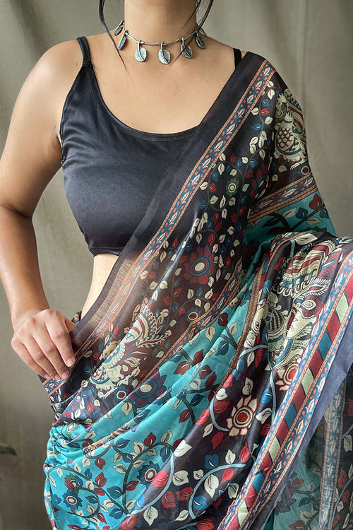 Load image into Gallery viewer, Demesne Firozi Kalamkari Printed Saree With Sumptuous Blouse Piece
