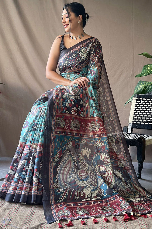 Load image into Gallery viewer, Demesne Firozi Kalamkari Printed Saree With Sumptuous Blouse Piece
