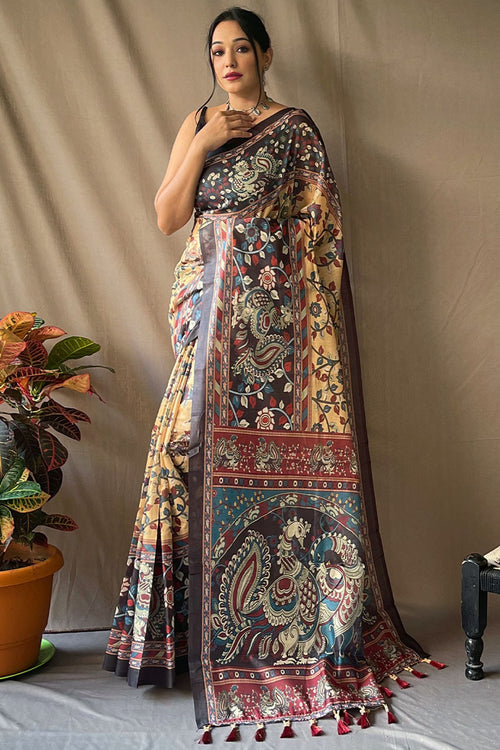 Load image into Gallery viewer, Epiphany Mustard Kalamkari Printed Saree With Brood Blouse Piece
