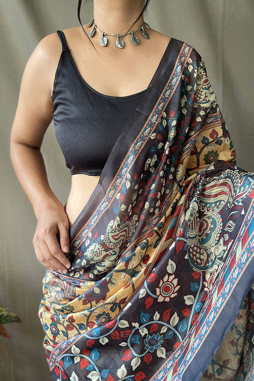 Load image into Gallery viewer, Epiphany Mustard Kalamkari Printed Saree With Brood Blouse Piece
