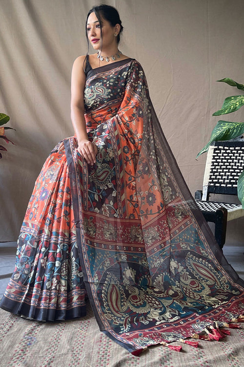 Load image into Gallery viewer, Beauteous Orange Kalamkari Printed Saree With Flamboyant Blouse Piece
