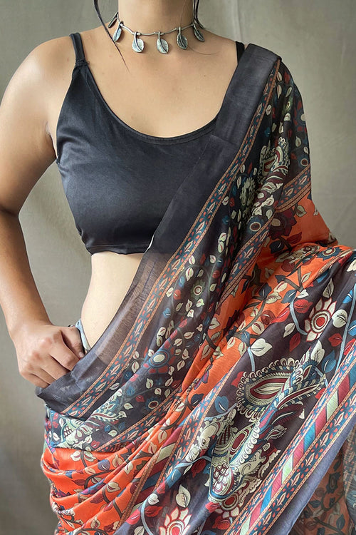 Load image into Gallery viewer, Beauteous Orange Kalamkari Printed Saree With Flamboyant Blouse Piece
