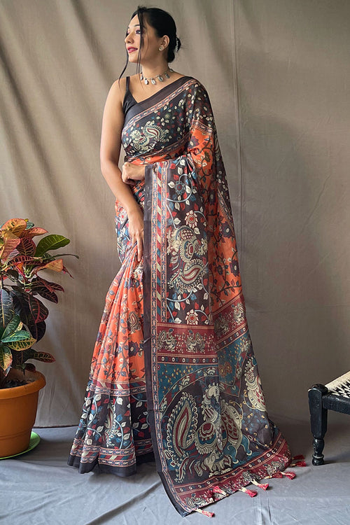 Load image into Gallery viewer, Beauteous Orange Kalamkari Printed Saree With Flamboyant Blouse Piece
