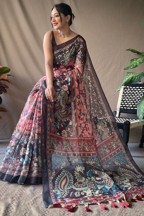 Load image into Gallery viewer, Breathtaking Pink Kalamkari Printed Saree With Dazzling Blouse Piece
