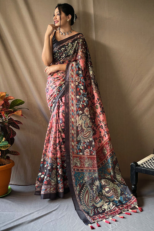 Load image into Gallery viewer, Breathtaking Pink Kalamkari Printed Saree With Dazzling Blouse Piece
