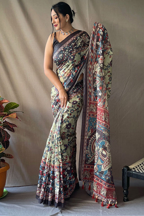 Load image into Gallery viewer, Gleaming Pista Kalamkari Printed Saree With Elegant Blouse Piece
