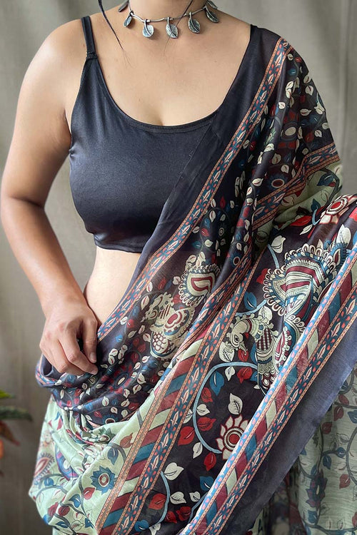 Load image into Gallery viewer, Gleaming Pista Kalamkari Printed Saree With Elegant Blouse Piece
