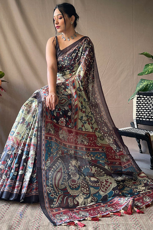 Load image into Gallery viewer, Gleaming Pista Kalamkari Printed Saree With Elegant Blouse Piece
