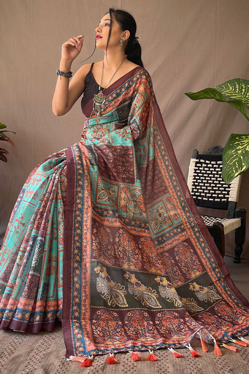 Load image into Gallery viewer, Piquant Firozi Kalamkari Printed Saree With Rhapsody Blouse Piece
