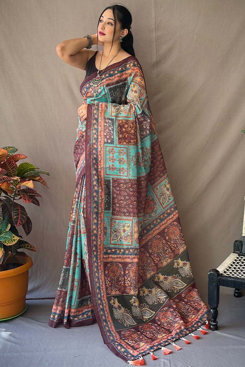 Load image into Gallery viewer, Piquant Firozi Kalamkari Printed Saree With Rhapsody Blouse Piece
