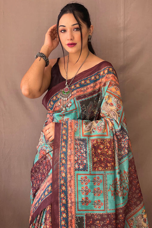 Load image into Gallery viewer, Piquant Firozi Kalamkari Printed Saree With Rhapsody Blouse Piece
