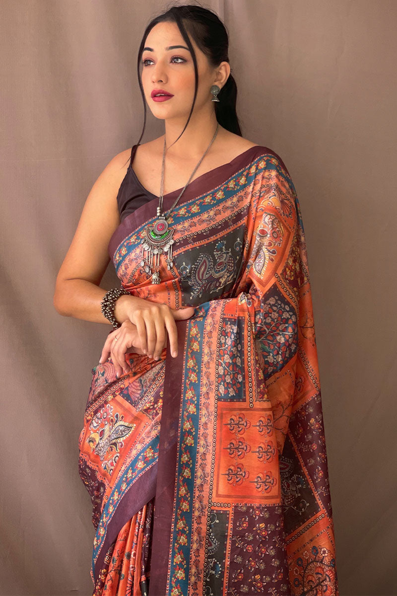 Jubilant Orange Kalamkari Printed Saree With Proficient Blouse Piece