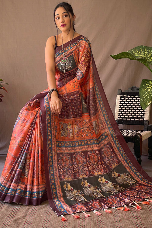 Load image into Gallery viewer, Jubilant Orange Kalamkari Printed Saree With Proficient Blouse Piece
