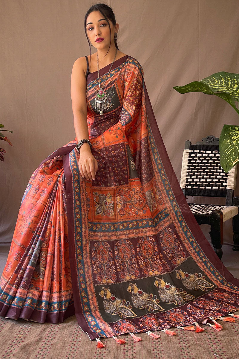 Jubilant Orange Kalamkari Printed Saree With Proficient Blouse Piece