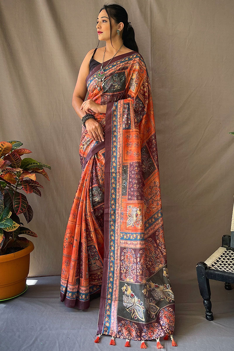 Jubilant Orange Kalamkari Printed Saree With Proficient Blouse Piece