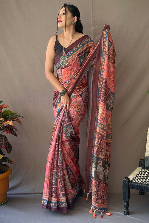 Load image into Gallery viewer, Splendorous Pink Kalamkari Printed Saree With Sonorous Blouse Piece
