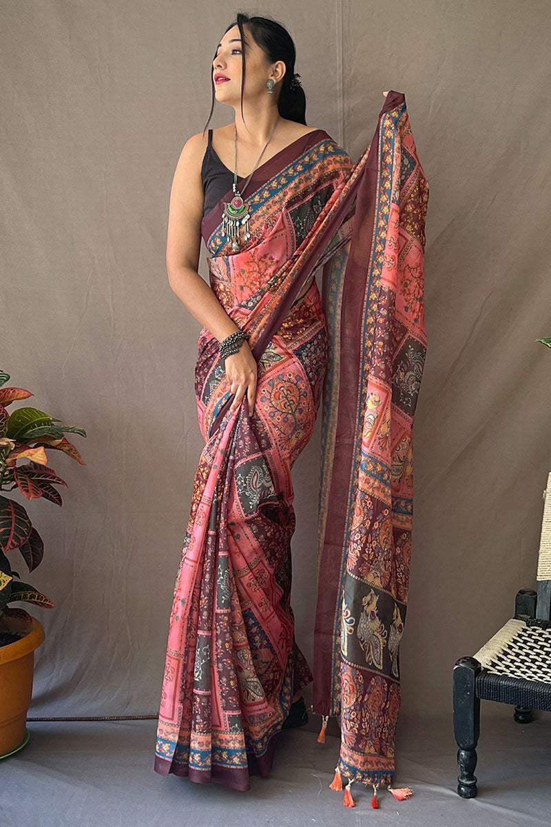 Splendorous Pink Kalamkari Printed Saree With Sonorous Blouse Piece