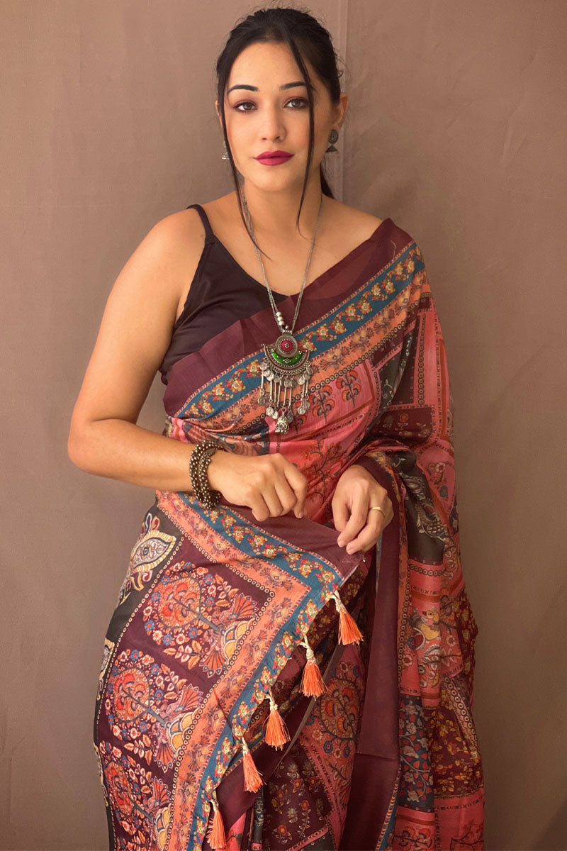 Splendorous Pink Kalamkari Printed Saree With Sonorous Blouse Piece