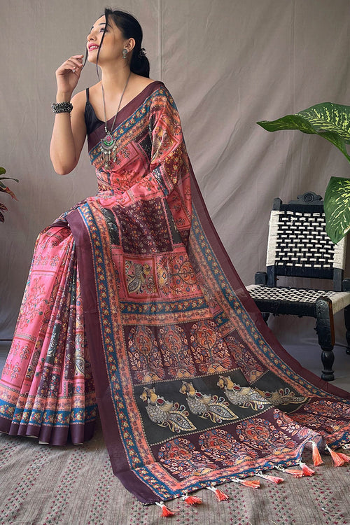 Load image into Gallery viewer, Splendorous Pink Kalamkari Printed Saree With Sonorous Blouse Piece
