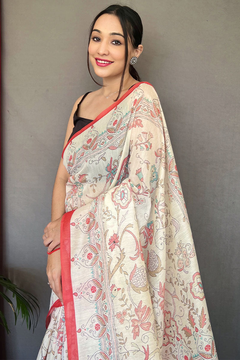 Splendorous White Cotton Silk Saree With Inimitable Blouse Piece