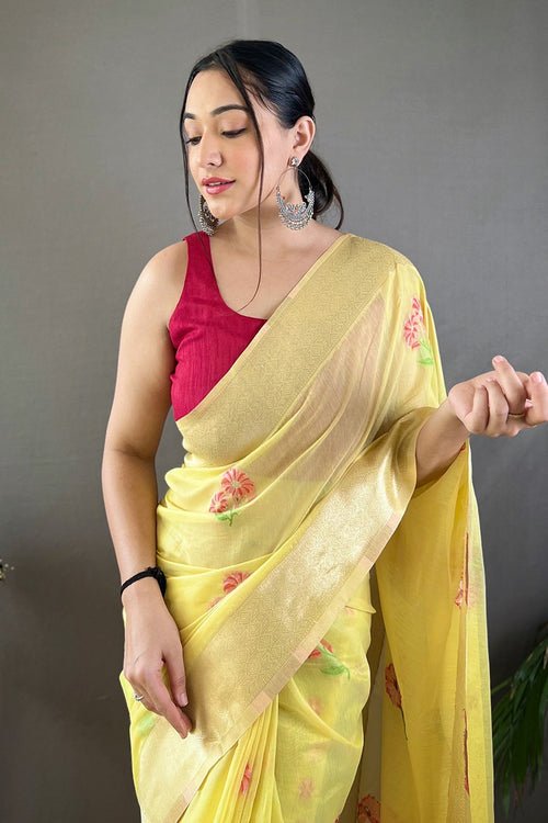 Load image into Gallery viewer, Petrichor Yellow Cotton Silk Saree With Devastating Blouse Piece
