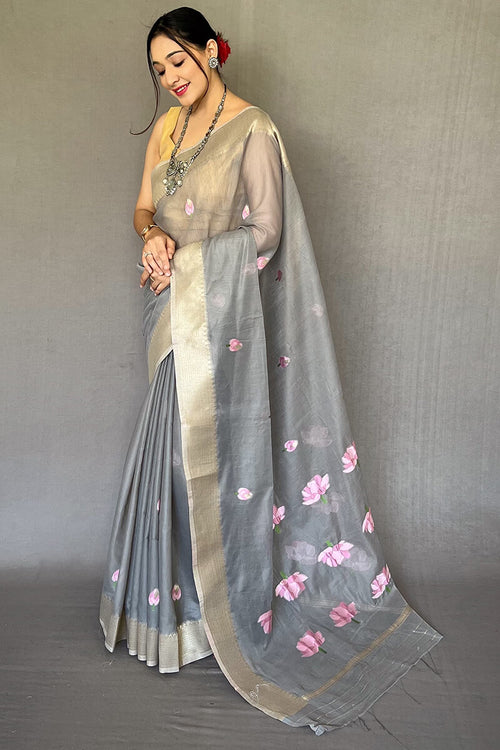 Load image into Gallery viewer, Charming Grey Digital Printed Cotton Silk Saree With Demanding Blouse Piece
