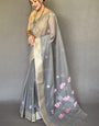 Charming Grey Digital Printed Cotton Silk Saree With Demanding Blouse Piece