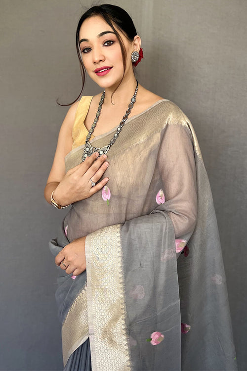 Load image into Gallery viewer, Charming Grey Digital Printed Cotton Silk Saree With Demanding Blouse Piece
