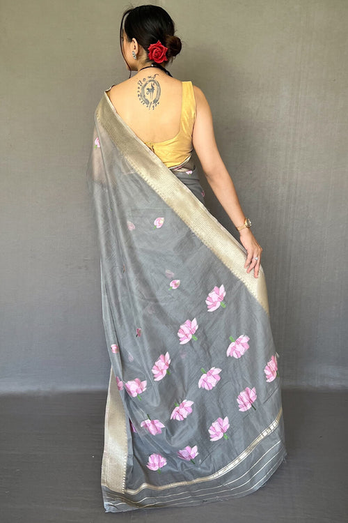 Load image into Gallery viewer, Charming Grey Digital Printed Cotton Silk Saree With Demanding Blouse Piece
