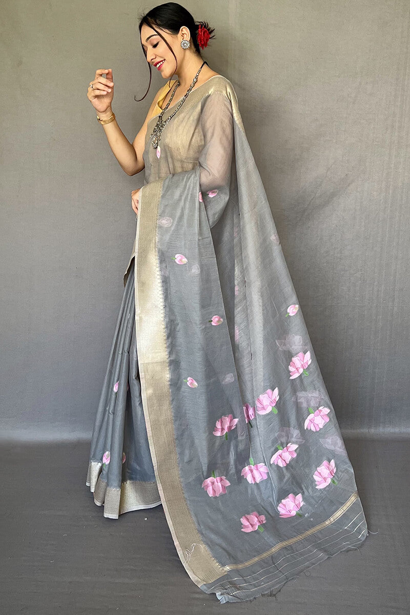 Charming Grey Digital Printed Cotton Silk Saree With Demanding Blouse Piece