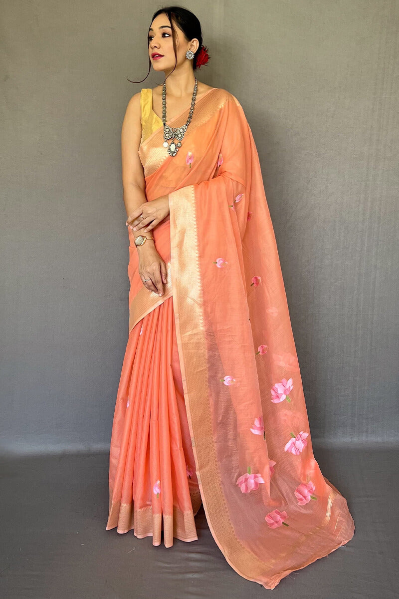 Impressive Peach Digital Printed Cotton Silk Saree With Surpassing Blouse Piece