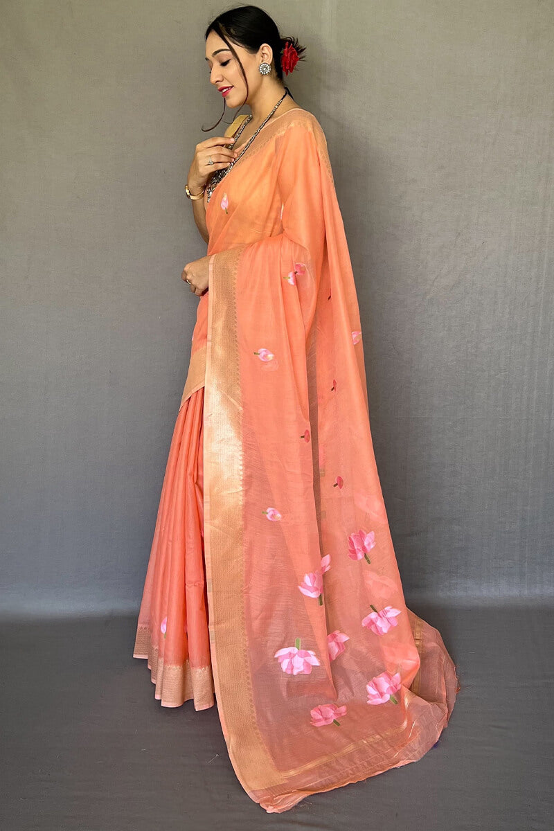 Impressive Peach Digital Printed Cotton Silk Saree With Surpassing Blouse Piece