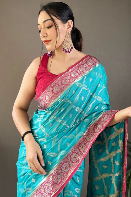 Load image into Gallery viewer, Sophisticated Firozi Soft Banarasi Silk Saree With Capricious Blouse Piece
