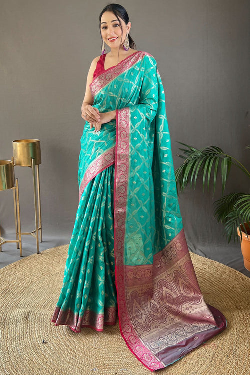 Load image into Gallery viewer, Desirable Turquoise Soft Banarasi Silk Saree With Hypnotic Blouse Piece
